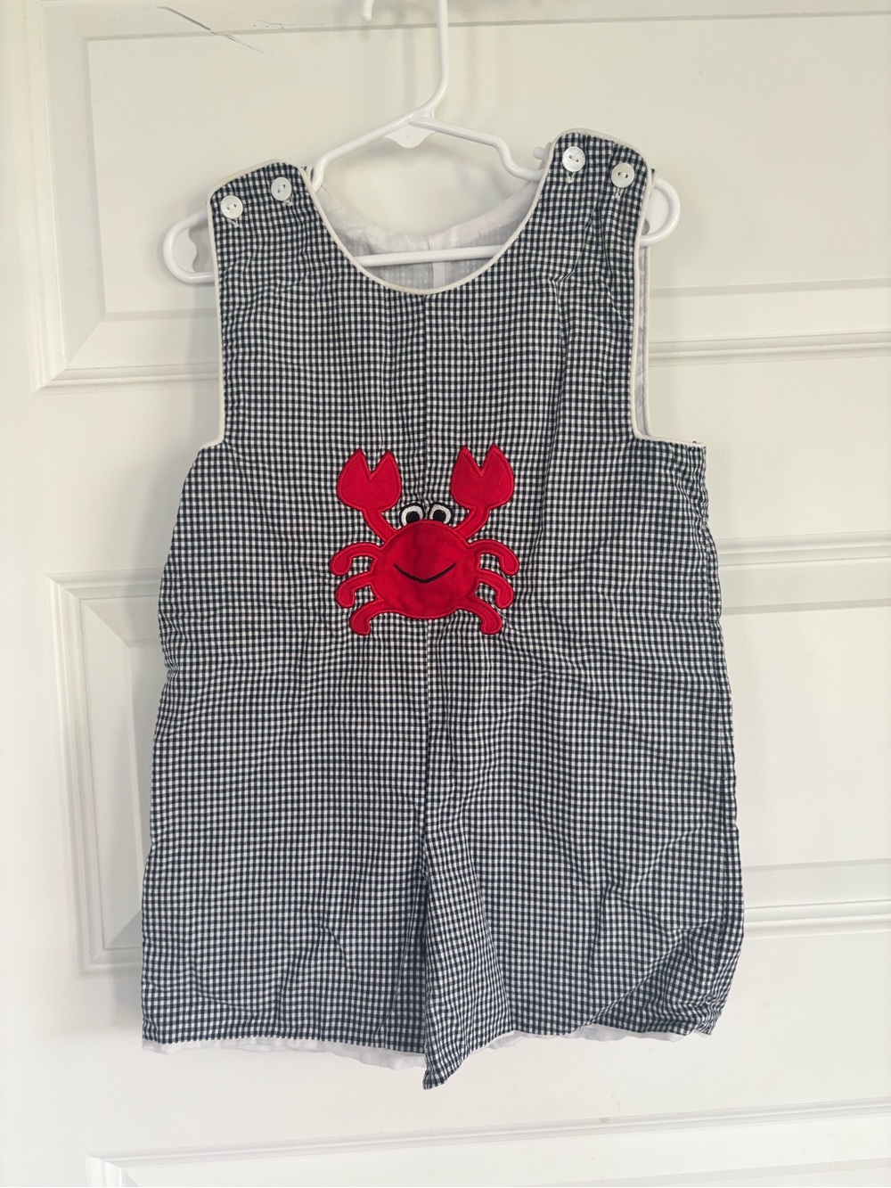 Beehave Boys Gingham Romper with Red Crab Appliqué
